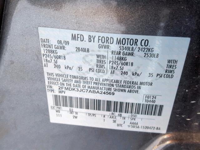 2FMDK3JC7ABA24569 - 2010 FORD EDGE SEL GRAY photo 10