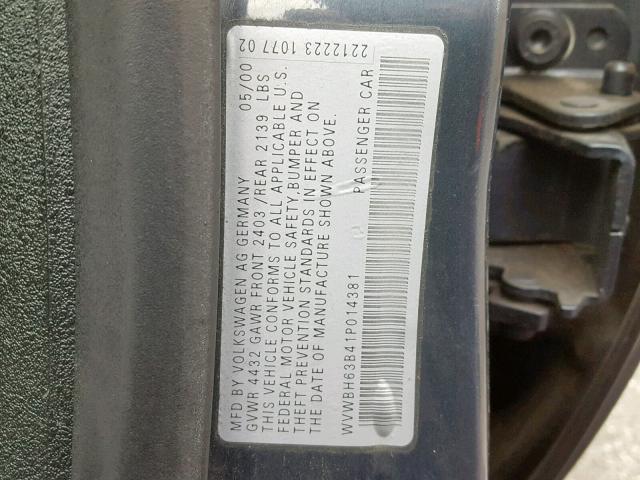 WVWBH63B41P014381 - 2001 VOLKSWAGEN PASSAT GLX 灰色 照片 10