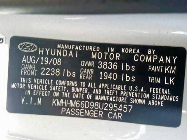 KMHHM66D98U295457 - 2008 HYUNDAI TIBURON GS SILVER photo 10