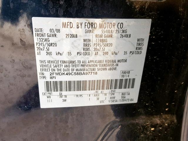 2FMDK49C58BA97718 - 2008 FORD EDGE LIMIT BLUE photo 10