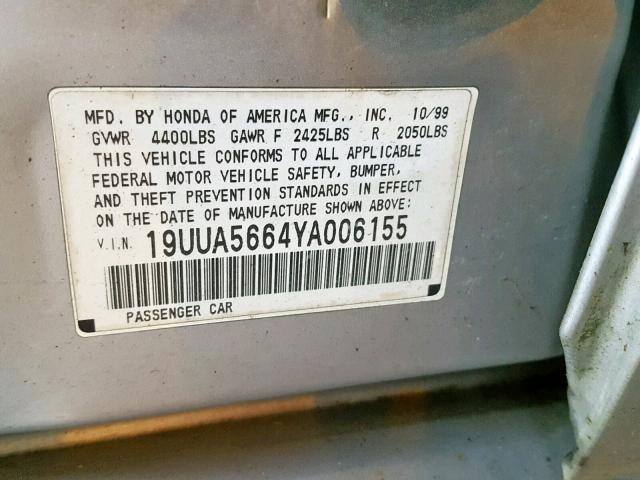 19UUA5664YA006155 - 2000 ACURA 3.2TL SILVER photo 10