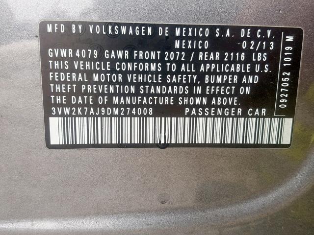 3VW2K7AJ9DM274008 - 2013 VOLKSWAGEN JETTA BASE 灰色 照片 10