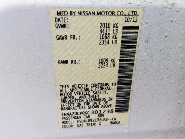 1N4AZ0CP0GC301238 - 2016 NISSAN LEAF S WHITE photo 10