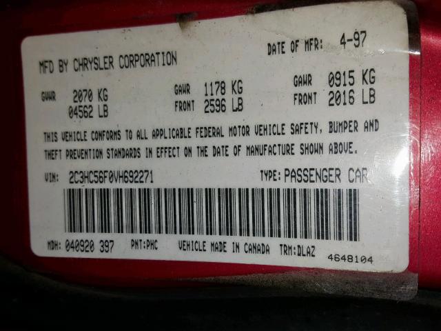 2C3HC56F0VH692271 - 1997 CHRYSLER LHS RED photo 10