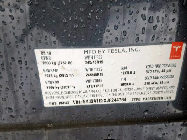 5YJSA1E2XJF244764 - 2018 TESLA MODEL S CHARCOAL photo 10