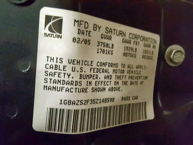 1G8AZ52F35Z148598 - 2005 SATURN ION LEVEL GRAY photo 10
