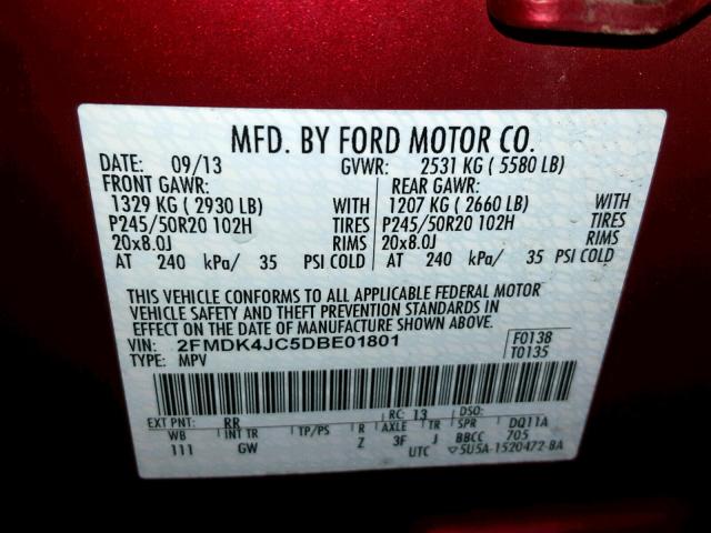 2FMDK4JC5DBE01801 - 2013 FORD EDGE SEL RED photo 10