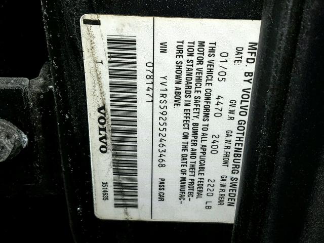 YV1RS592552463468 - 2005 VOLVO S60 2.5T BLACK photo 10