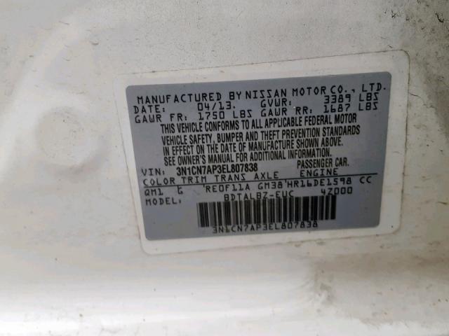 3N1CN7AP3EL807838 - 2014 NISSAN VERSA WHITE photo 10