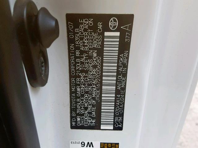 JTKDE167270206582 - 2007 TOYOTA SCION TC თეთრი ფოტო 10