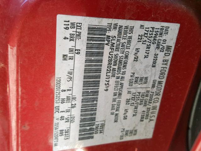 5LMFU28R02LJ17519 - 2002 LINCOLN NAVIGATOR Бордовый фото 10