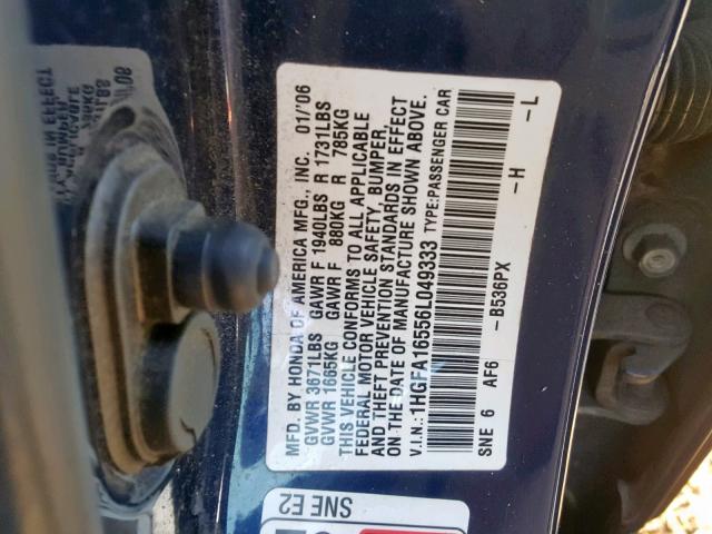 1HGFA16556L049333 - 2006 HONDA CIVIC LX BLUE photo 10