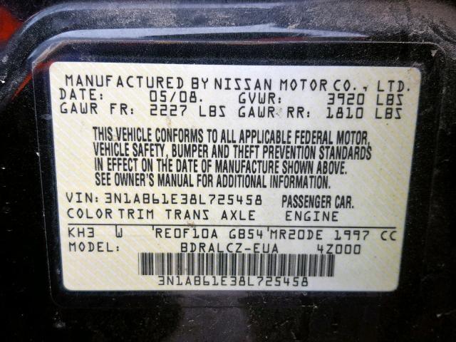 3N1AB61E38L725458 - 2008 NISSAN SENTRA 2.0 BLACK photo 10