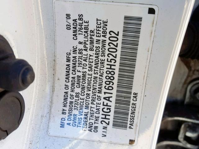 2HGFA16988H520202 - 2008 HONDA CIVIC EXL WHITE photo 10