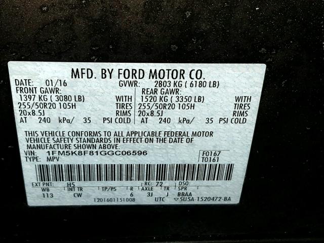 1FM5K8F81GGC06596 - 2016 FORD EXPLORER L BROWN photo 10