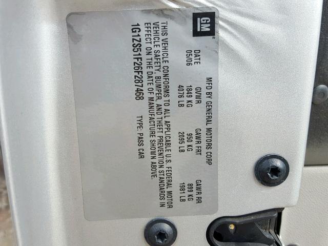 1G1ZS51F26F287468 - 2006 CHEVROLET MALIBU LS ვერცხლისფერი ფოტო 10