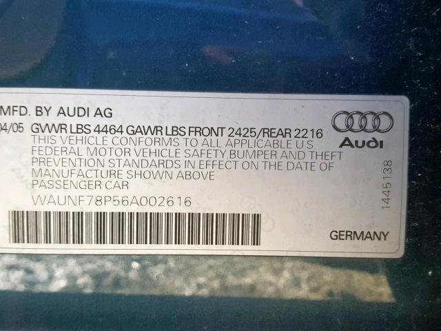 WAUNF78P56A002616 - 2006 AUDI A3 2.0 PRE GREEN photo 10