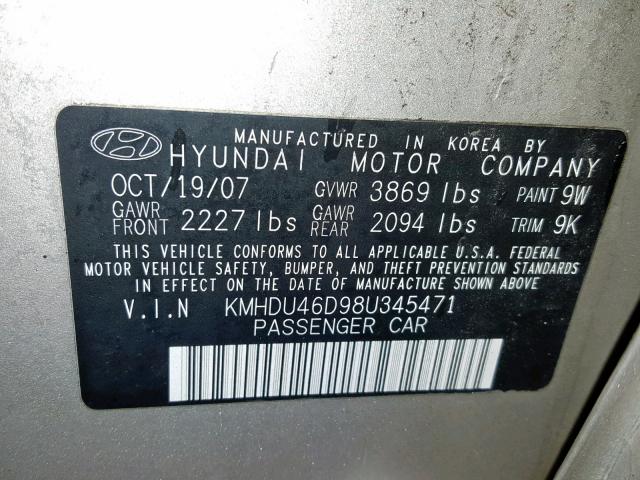 KMHDU46D98U345471 - 2008 HYUNDAI ELANTRA GL TAN photo 10