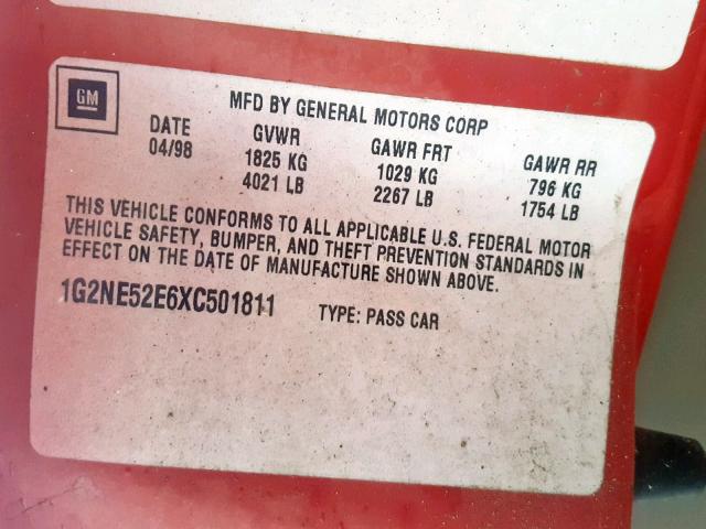 1G2NE52E6XC501811 - 1999 PONTIAC GRAND AM S RED photo 10