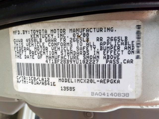 4T1BF28B9YU102227 - 2000 TOYOTA AVALON XL SILVER photo 10