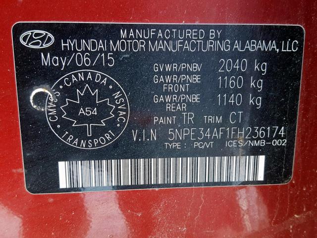 5NPE34AF1FH236174 - 2015 HYUNDAI SONATA SPO RED photo 10