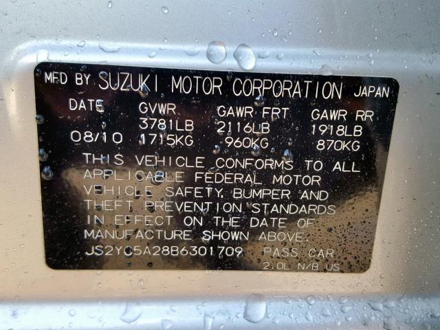 JS2YC5A28B6301709 - 2011 SUZUKI SX4 LE SILVER photo 10