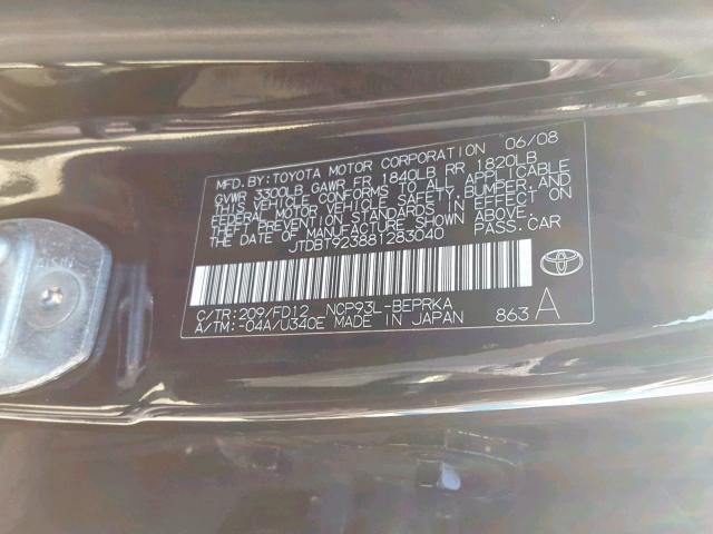 JTDBT923881283040 - 2008 TOYOTA YARIS BLACK photo 10