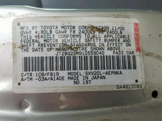 JT2BG22K910559040 - 2001 TOYOTA CAMRY CE SILVER photo 10