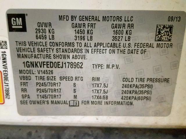 1GNKVFED0EJ178962 - 2014 CHEVROLET TRAVERSE L WHITE photo 10