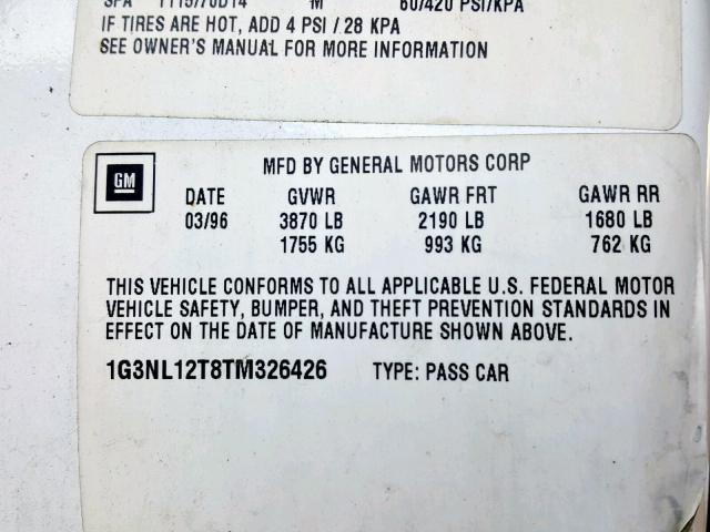 1G3NL12T8TM326426 - 1996 OLDSMOBILE ACHIEVA SC WHITE photo 10