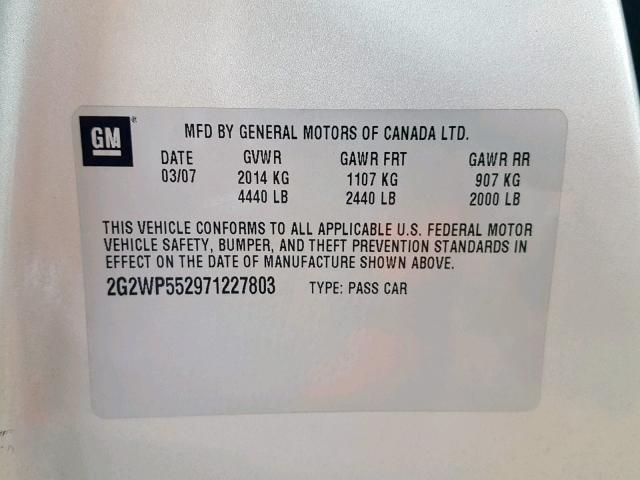 2G2WP552971227803 - 2007 PONTIAC GRAND PRIX SILVER photo 10