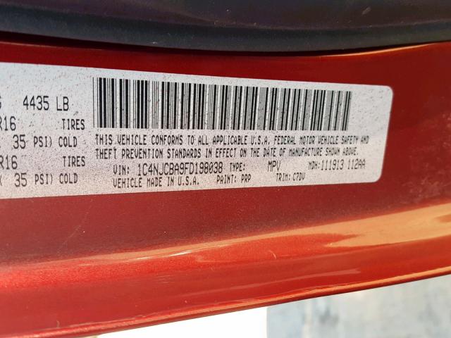 1C4NJCBA9FD198038 - 2015 JEEP COMPASS SP Қызыл фото 10