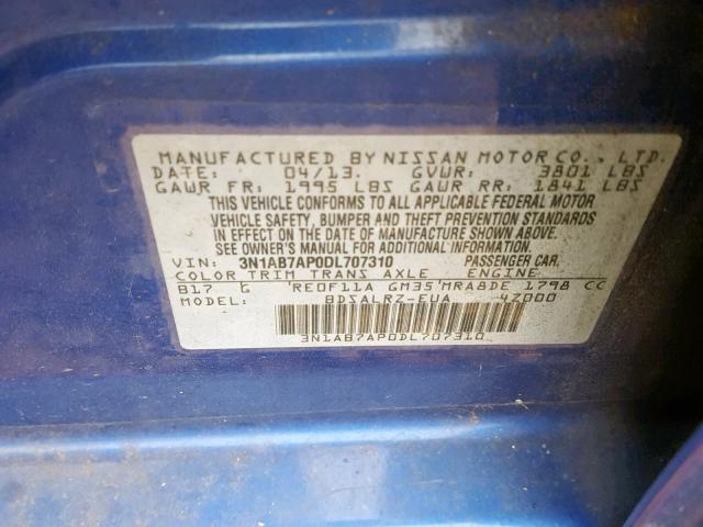 3N1AB7AP0DL707310 - 2013 NISSAN SENTRA S BLUE photo 10