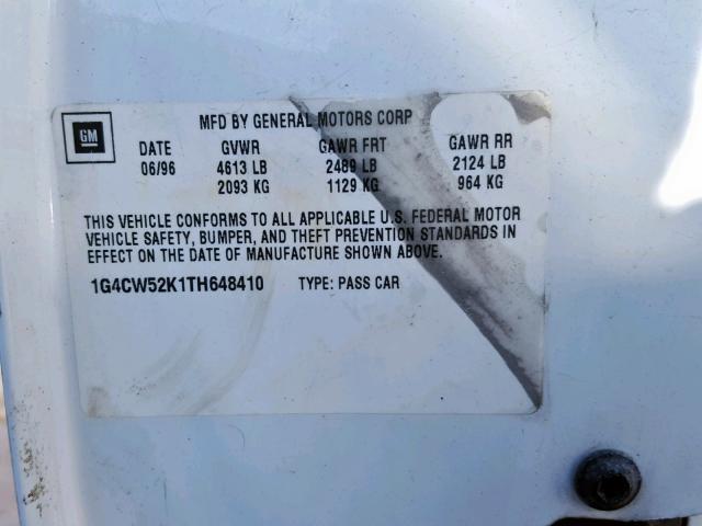 1G4CW52K1TH648410 - 1996 BUICK PARK AVENU WHITE photo 10