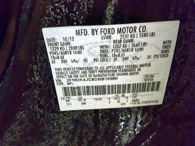 2FMDK4JC8DBB16980 - 2013 FORD EDGE SEL BLACK photo 10