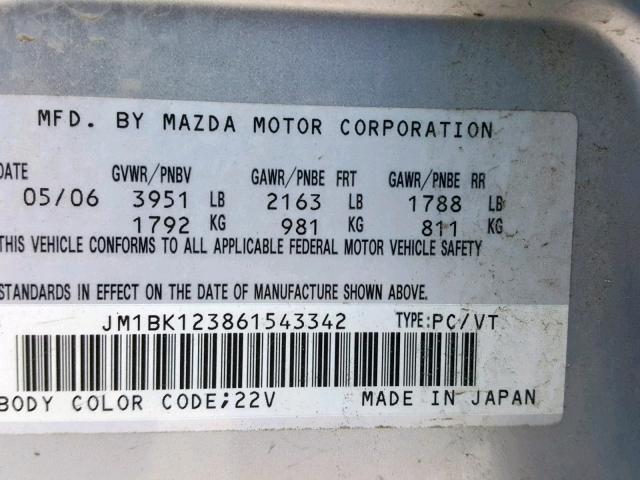 JM1BK123861543342 - 2006 MAZDA 3 S SILVER photo 10