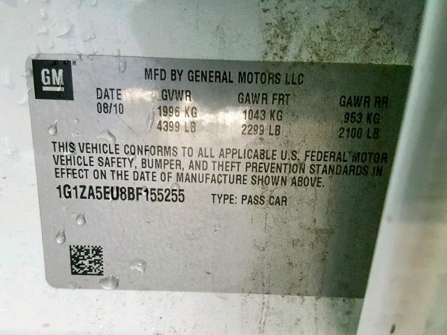 1G1ZA5EU8BF155255 - 2011 CHEVROLET MALIBU LS Ağ foto 10