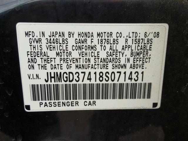 JHMGD37418S071431 - 2008 HONDA FIT BLACK photo 10