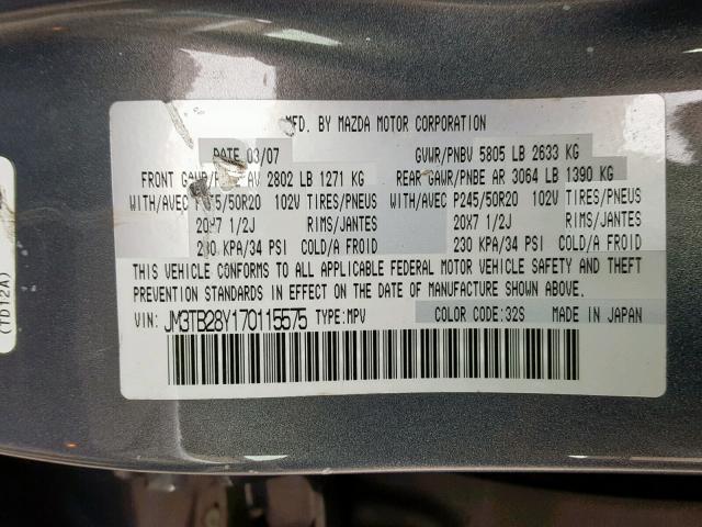 JM3TB28Y170115575 - 2007 MAZDA CX-9 GRAY photo 10