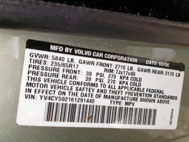 YV4CY592161291440 - 2006 VOLVO XC90 GREEN photo 10