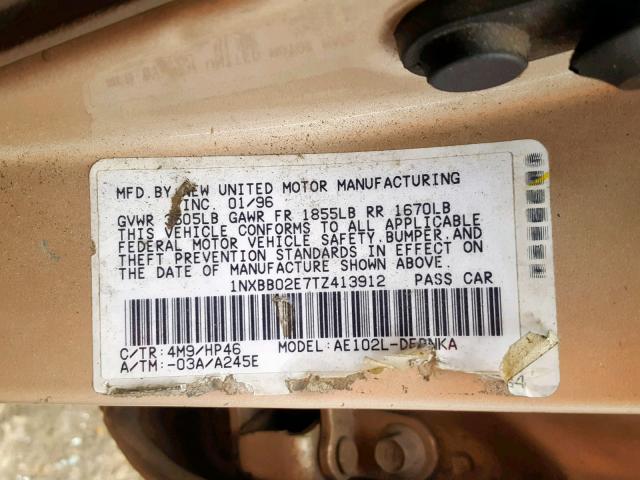 1NXBB02E7TZ413912 - 1996 TOYOTA COROLLA DX SILVER photo 10