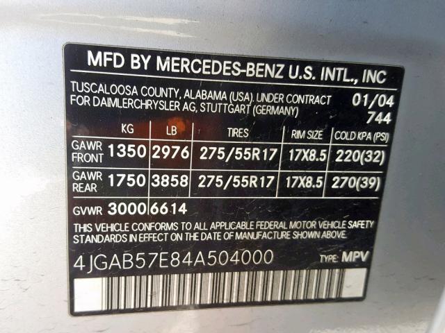 4JGAB57E84A504000 - 2004 MERCEDES-BENZ ML 350 SILVER photo 10