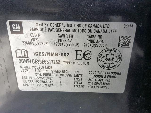 2GNFLCE35E6317252 - 2014 CHEVROLET EQUINOX LT GRAY photo 10