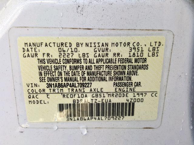 3N1AB6AP4AL709227 - 2010 NISSAN SENTRA 2.0 WHITE photo 10