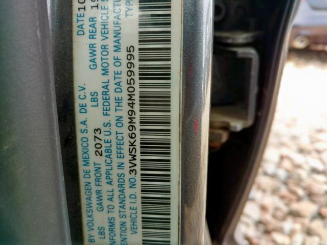 3VWSK69M94M059995 - 2004 VOLKSWAGEN JETTA GLS GRAY photo 10