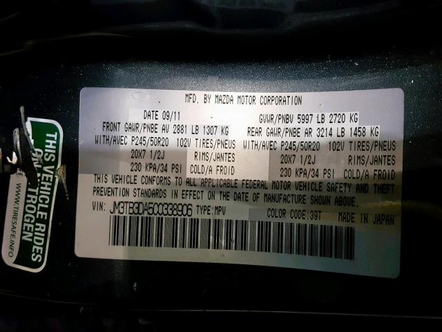 JM3TB3DA5C0338906 - 2012 MAZDA CX-9 BLUE photo 10