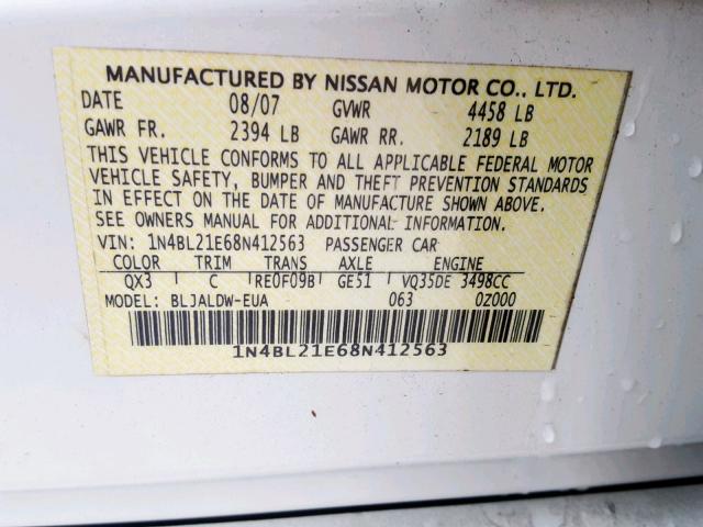 1N4BL21E68N412563 - 2008 NISSAN ALTIMA 3.5 WHITE photo 10