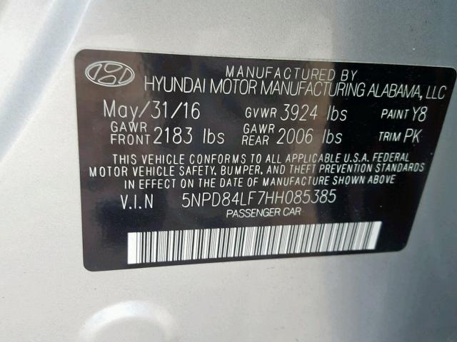 5NPD84LF7HH085385 - 2017 HYUNDAI ELANTRA SE 银色 照片 10