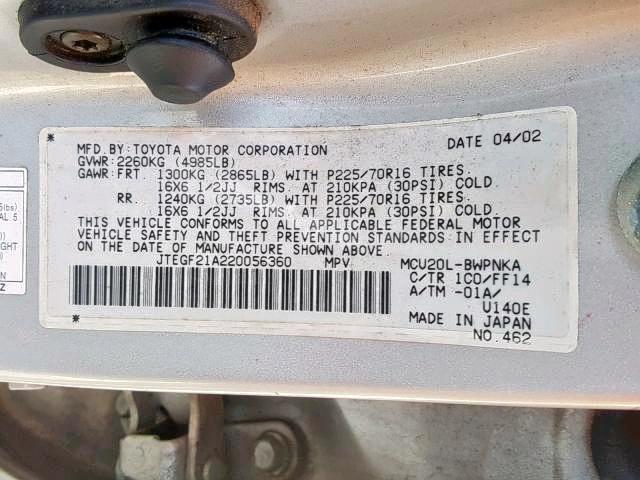 JTEGF21A220056360 - 2002 TOYOTA HIGHLANDER SILVER photo 10