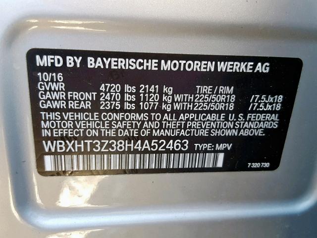WBXHT3Z38H4A52463 - 2017 BMW X1 XDRIVE2 SILVER photo 10